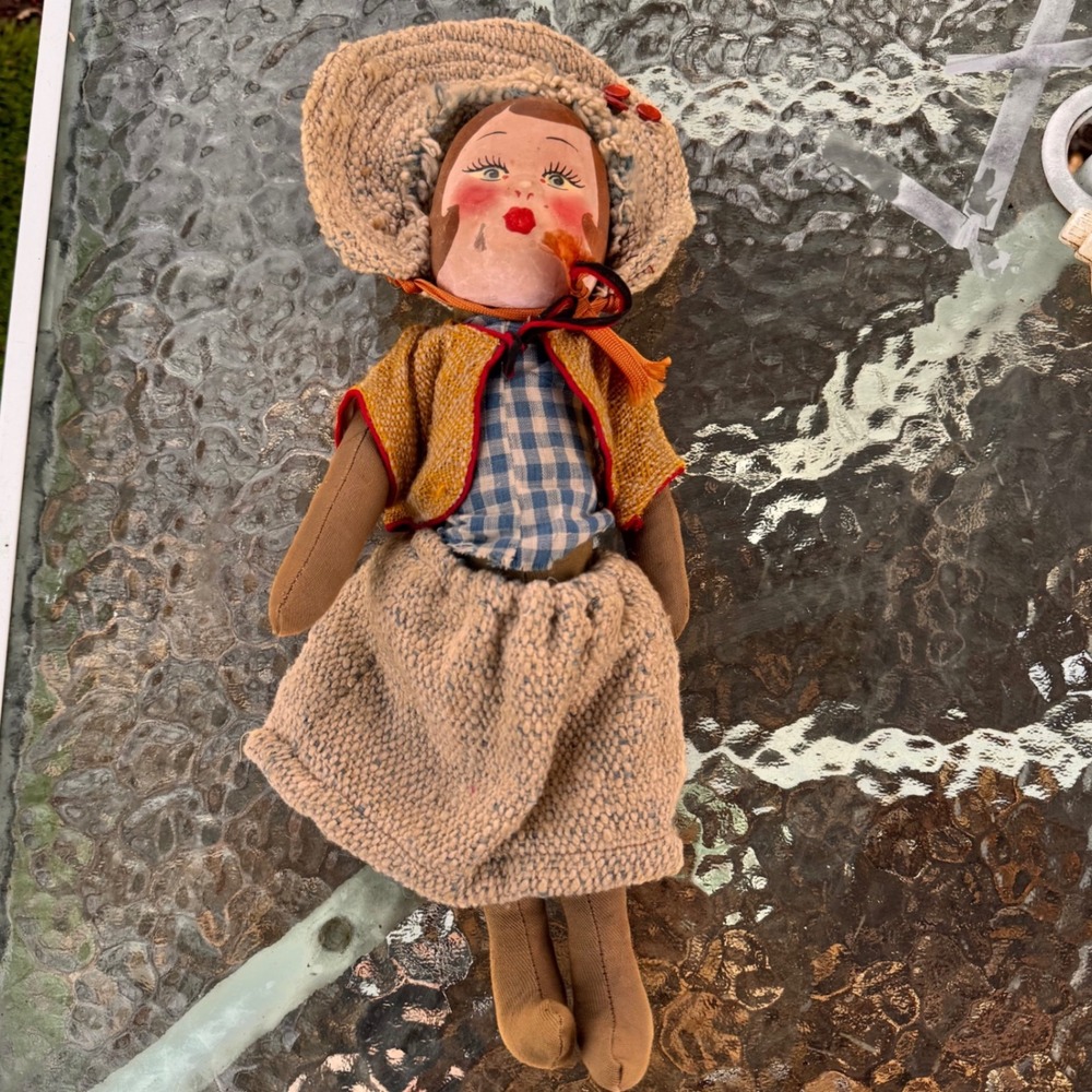 Antique Vtg Folk Art Cloth Doll Hand Painted 12" POLISH Sawdust Filled Rag Doll